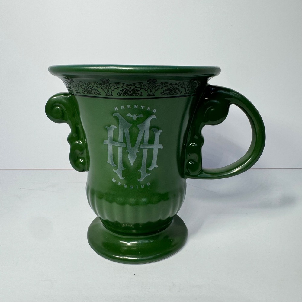 Disney Haunted Mansion Green Stoneware Mug Chalice 12oz Monogram Bat Border EUC